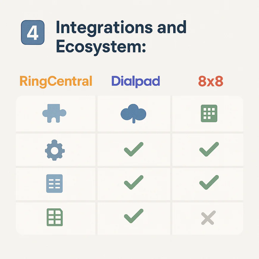 4️⃣ Integrations and Ecosystem: RingCentral vs Dialpad vs 8x8