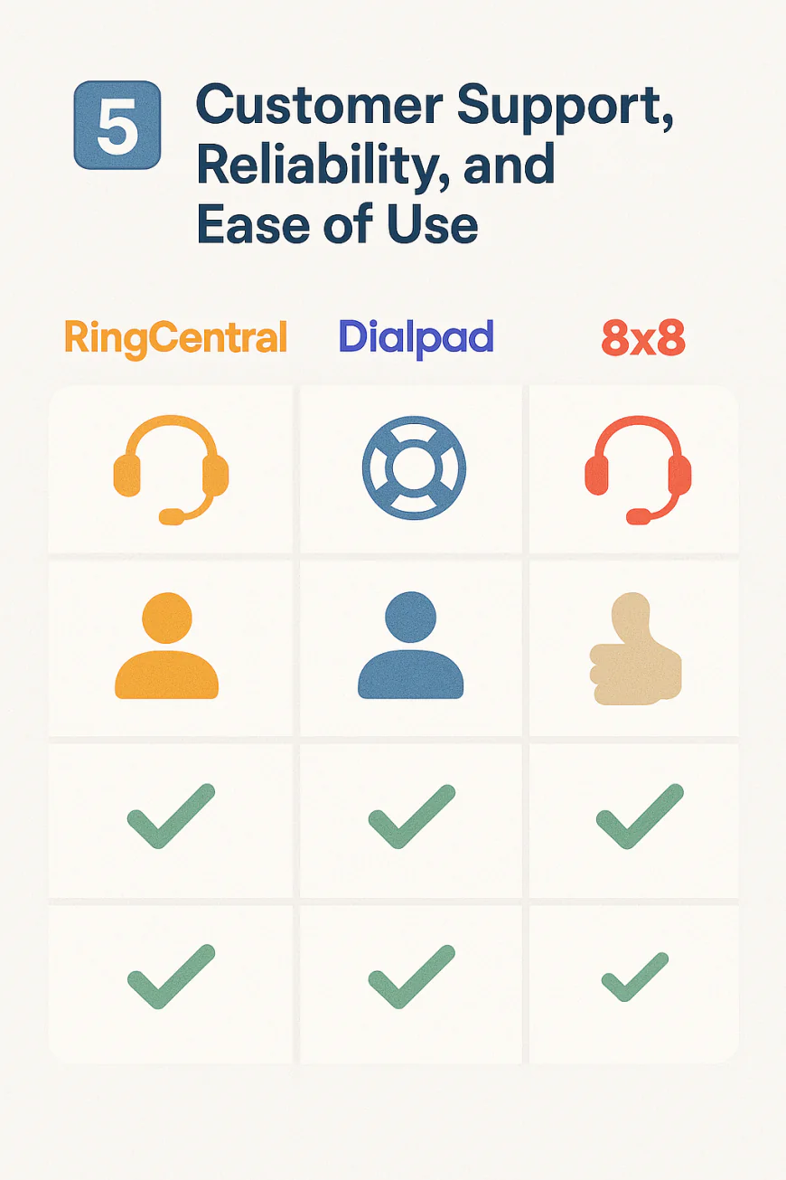 5️⃣ Customer Support, Reliability, and Ease of Use: RingCentral vs Dialpad vs 8x8
