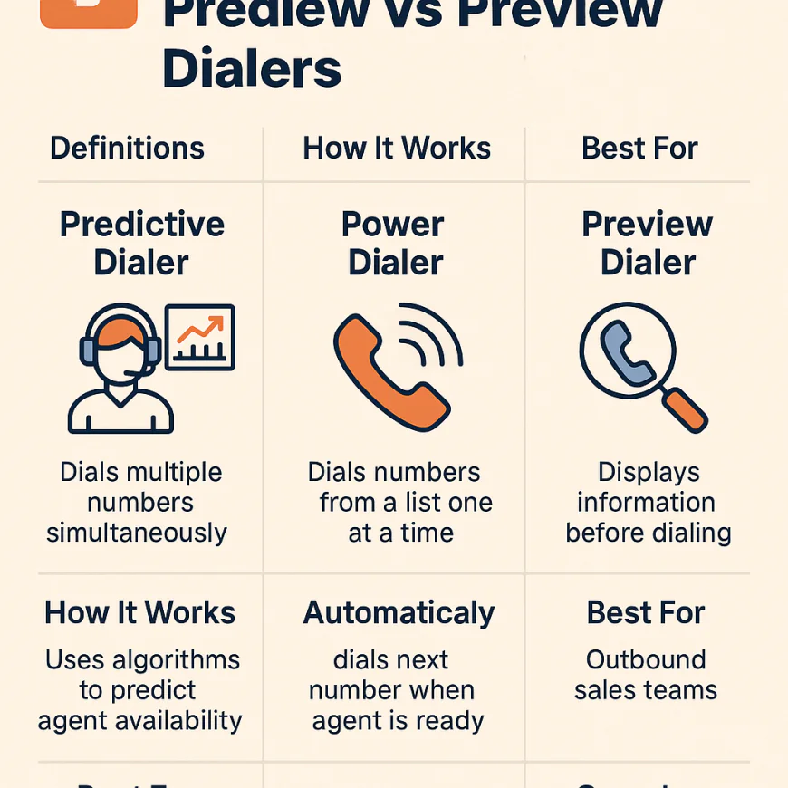 1️⃣ Predictive vs Power vs Preview Dialers : definitions & How It Works &  Best For