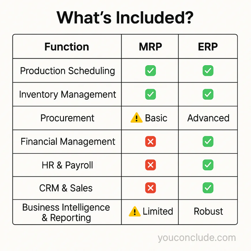 5️⃣ Key Features: ERP vs MRP Modules Compared
